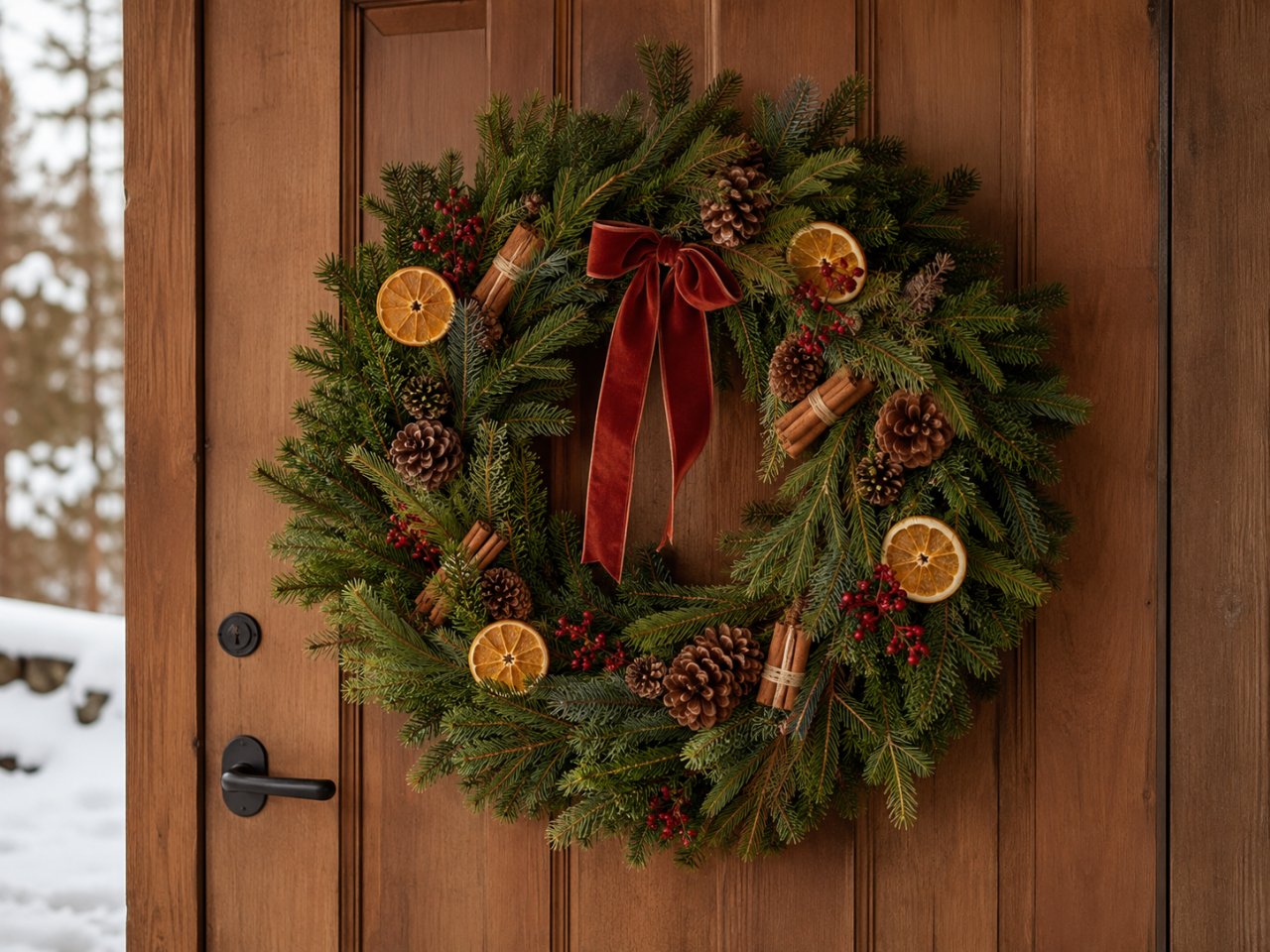 Håndlaget julekrans med naturpynt